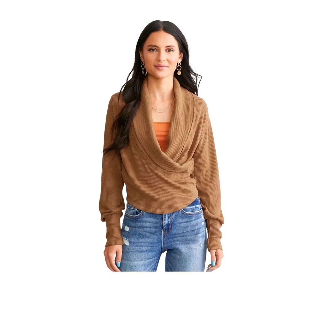 We The Free Found My Friend Top XL Tobacco Brown Ribbed Wrap Drape Boho Lounge